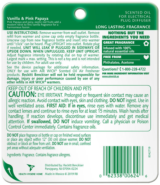  Plug in Scented Oil Refill, 2 ct, Vanilla and Pink Papaya, Air Freshener, Essential Oils